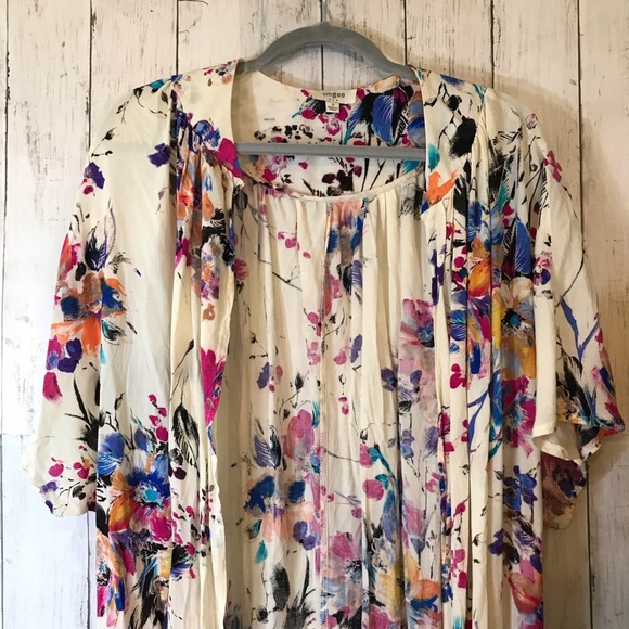 Umgee Women's Kimono Boho Watercolor Pink Floral Open-Front Duster Cardigan | S - Picture 3 of 12